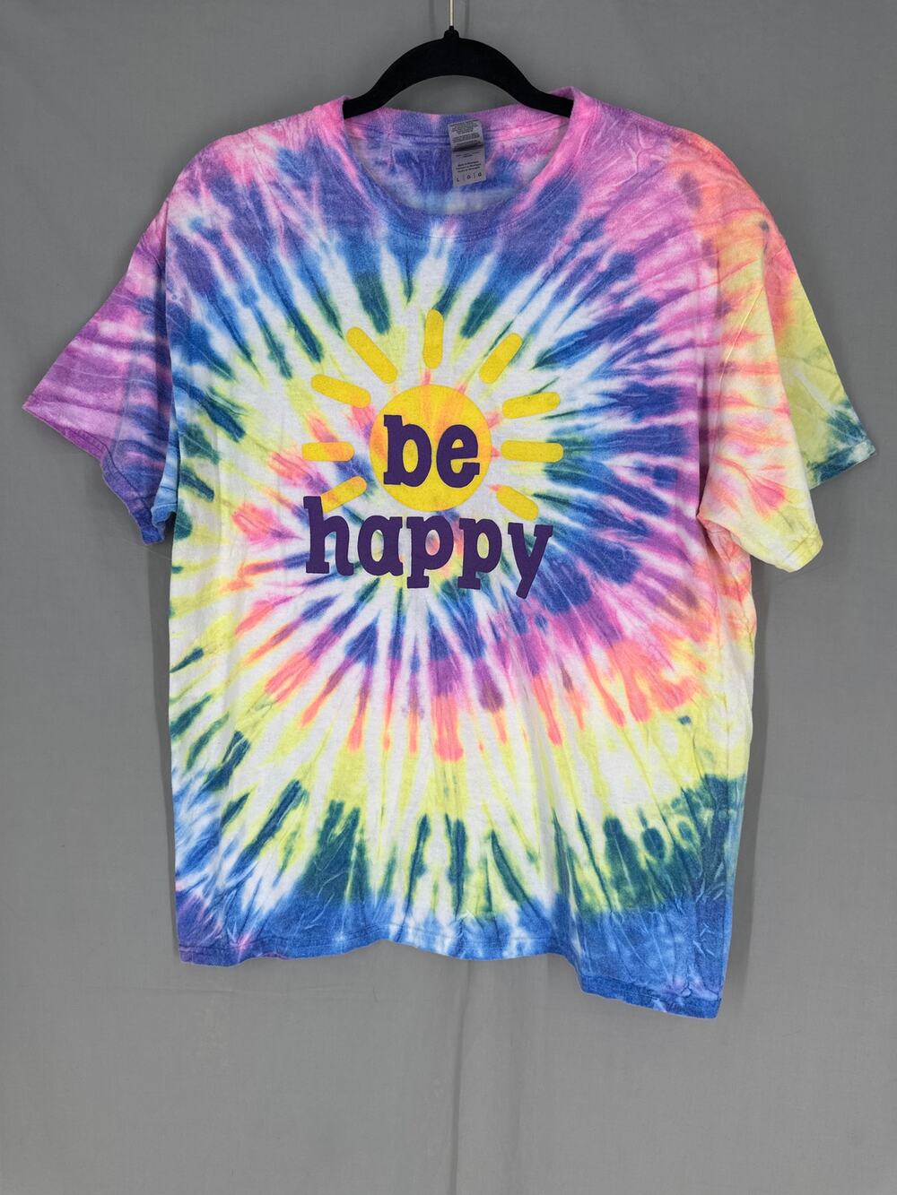 Vintage Tie Dye Shirt Mens Large Be Happy Sunshine Colorful Festival Pride Y2K